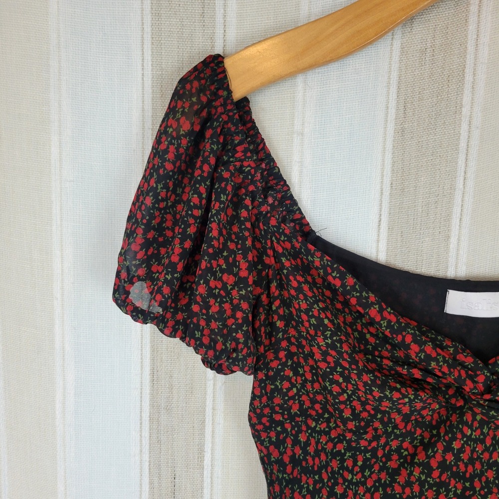Isalis Puffed Sleeve Ditsy Floral Maxi Dress Size Large Sweetheart Neckline Red - Picture 2 of 11